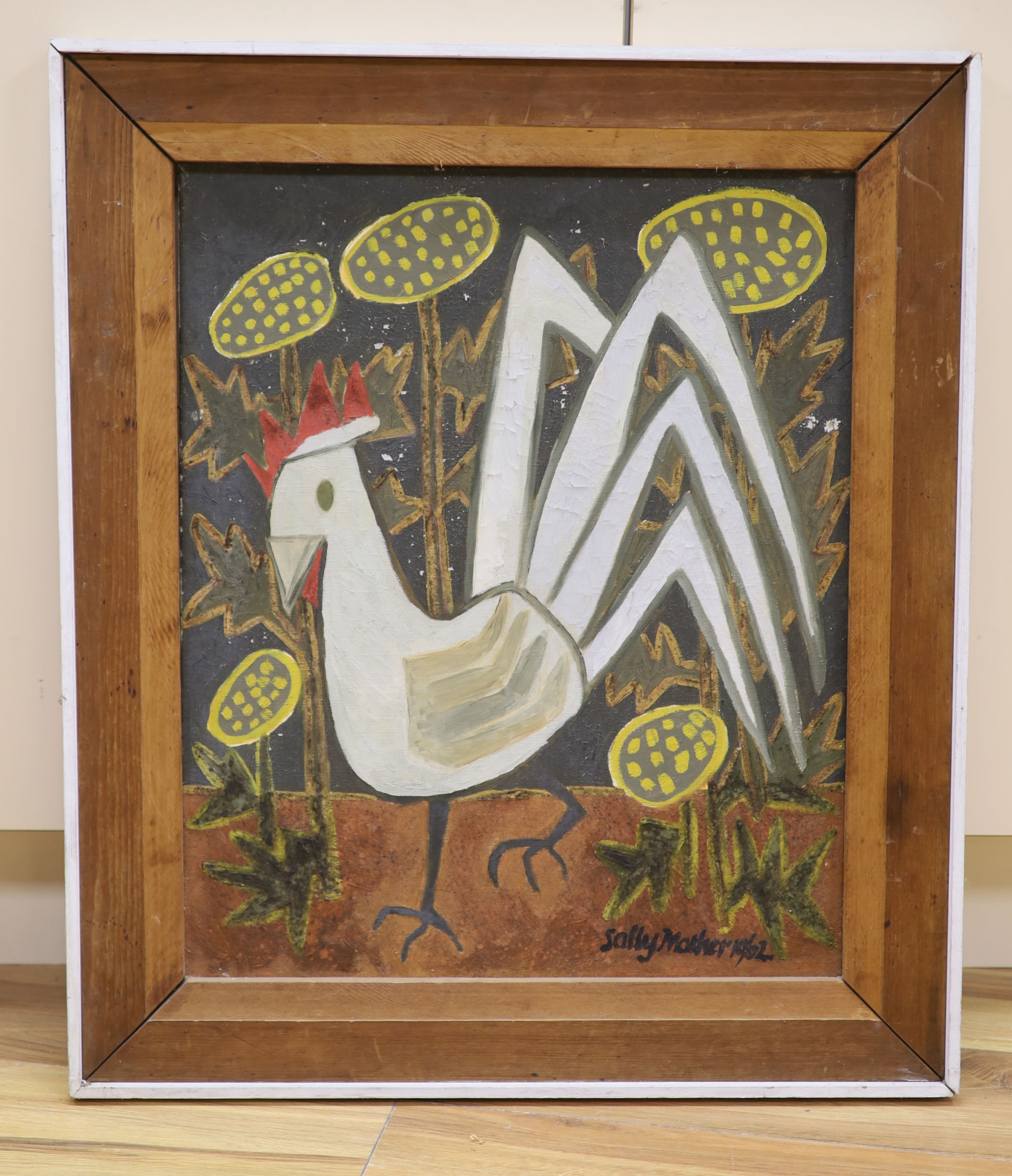 Sally Mather, oil on canvas, Cockerel and thistles, signed and dated 1962, 56 x 45cm